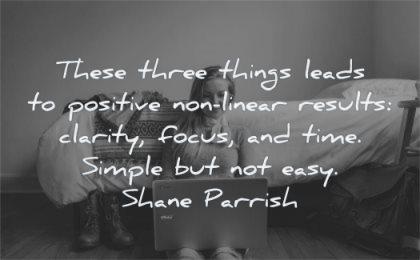focus quotes there three things leads positive non linear results clarity time simple easy shane parrish wisdom woman sitting laptop bed working