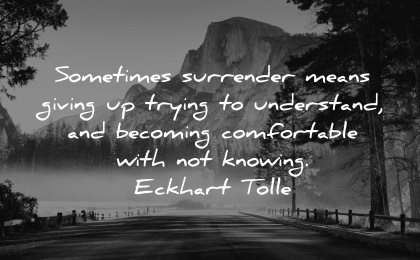 serenity quotes sometimes surrender means giving trying understand becoming comfortable with not knowing eckhart tolle wisdom nature mountains trees mist